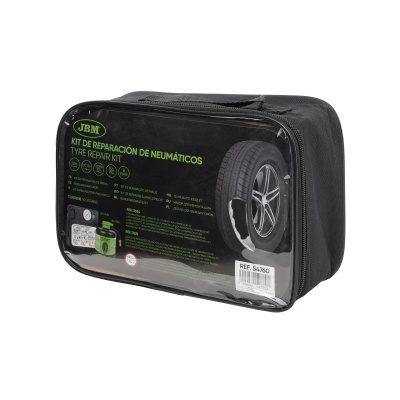 Kit de reparação de pneumáticos JBM dentro de bolsa preta com frente transparente