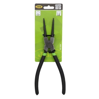 Alicate para anéis de retenção JBM 225mm com punhos pretos e verdes em embalagem verde