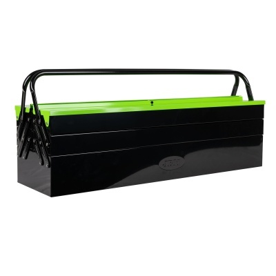 Caixa de ferramentas metálica preta e verde com alça rígida