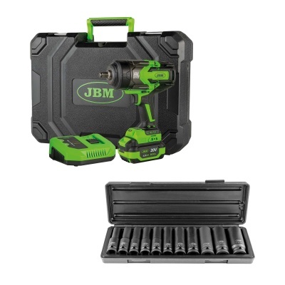 Conjunto de ferramenta eléctrica JBM verde e preta com caixa de bocais de soquete.