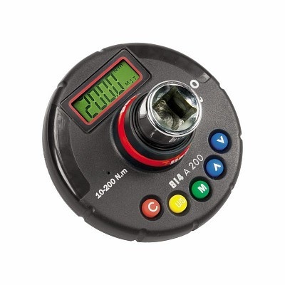 Dispositivo digital de aperto de parafusos preto com visor LCD e botões coloridos