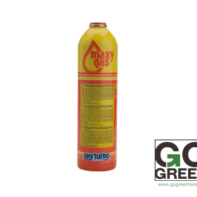 Botija de gás MAXY GAS amarela com tampa laranja e marcações em vermelho e azul.