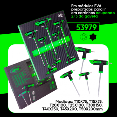 Conjunto de chaves Allen em módulo EVA preto com detalhes verdes e texto das medidas