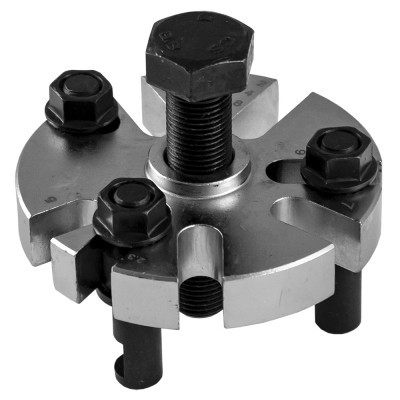 Ferramenta metálica com base redonda prateada e parafusos pretos