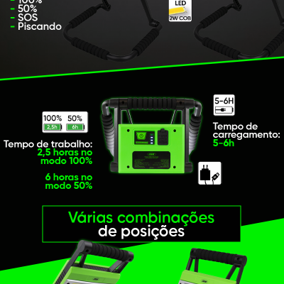Lanterna portátil verde preta LED 20W COB com várias posições e modos de iluminação