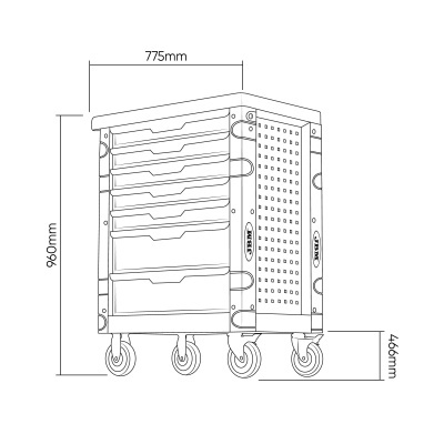 Desenho técnico de carrinha de armazenamento com rodas e gavetas