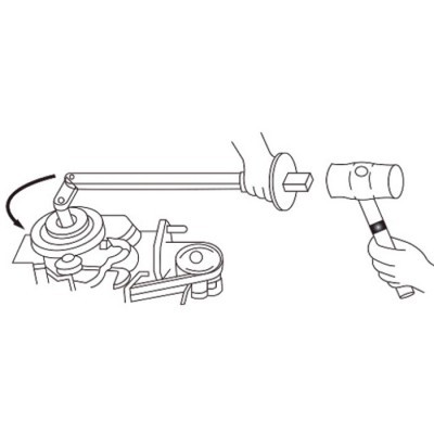 Ferramenta mecânica com braço articulado e martelo de borracha num desenho a preto e branco