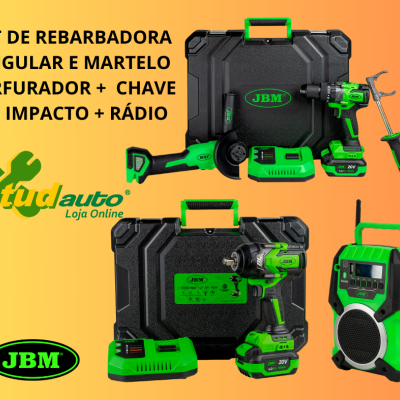 Conjunto de ferramentas JBM preto e verde com caixas e rádio em fundo amarelo