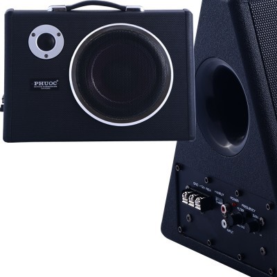 Coluna de som portátil PHUOC preta com grelhas metálicas e painel de controlo lateral
