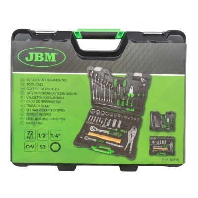 Estojo de ferramentas JBM com 72 peças e caixa preta e verde