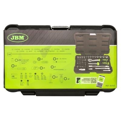 Conjunto de ferramentas JBM 54140 com caixa preta e verde e descrição das peças