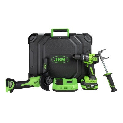 Conjunto de ferramentas elétricas JBM preto e verde com mala, lixadora, broca, carregador e bateria