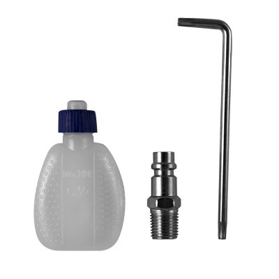 Conjunto com frasco plástico translúcido, encaixe metálico e chave allen