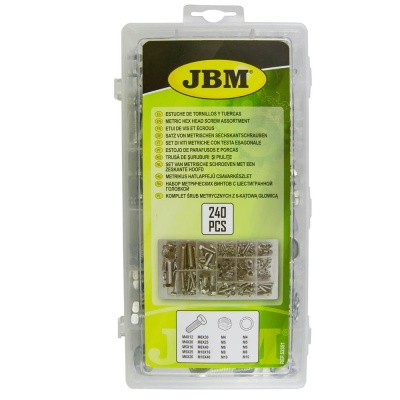 Estojo transparente com parafusos e porcas metálicas da marca JBM com etiqueta verde e preta