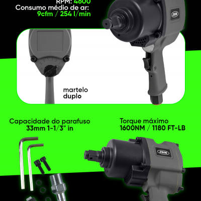 Chave de impacto pneumática com acessórios e especificações técnicas