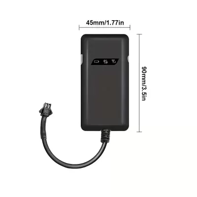 Dispositivo preto retangular com cabo, ecrã pequeno com ícones, fundo branco