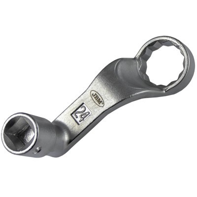 Chave de caixa em aço cromado prateada com inscrições JBM e 24