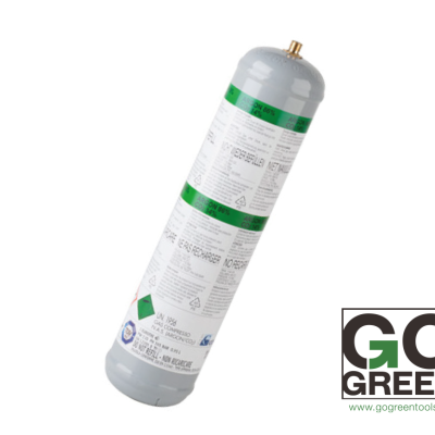 Cilindro cinzento de gás com etiquetas e válvula dourada