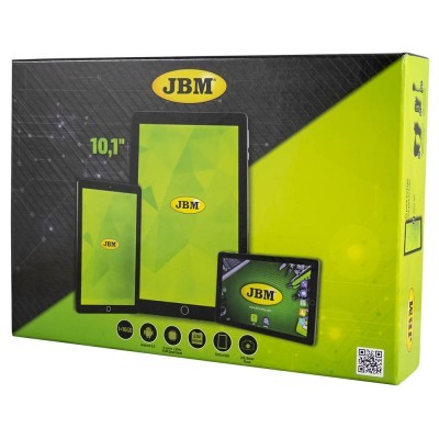 Embalagem de tablet JBM 10,1 polegadas com fundo verde e preto e logótipo amarelo e preto