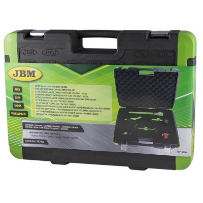 Mala de ferramentas preta e verde com texto e imagem de ferramentas para calibração de válvulas