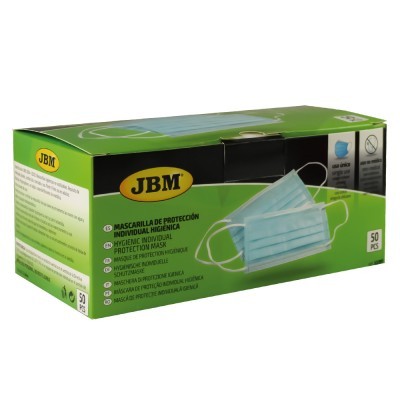 Caixa verde com máscara azul descartável e elásticos brancos