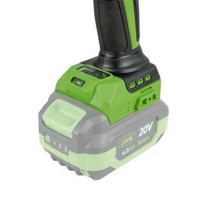Bateria recarregável verde e cinza para ferramenta elétrica com texto JBM 20V 4.0AH 80Wh