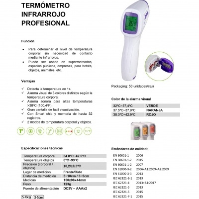 Ficha técnica do termómetro infravermelho profissional JBM com imagem do produto e especificações técnicas