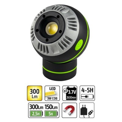 Lanterna LED portátil preta com detalhes verdes e alumínio prateado, com ícones de especificações exibidos abaixo