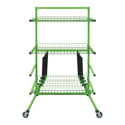 Expositor de metal verde com três prateleiras em rede