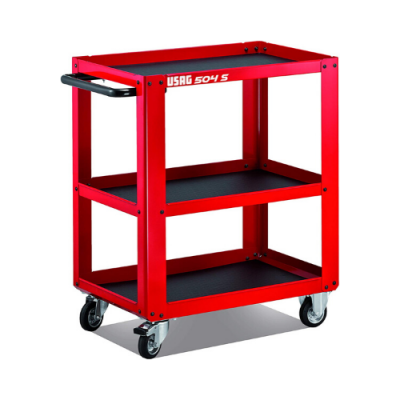 Carrinho metálico vermelho com três prateleiras e rodas