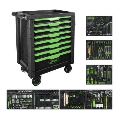 Carrinho de ferramentas preto e verde com várias ferramentas organizadas em bandejas