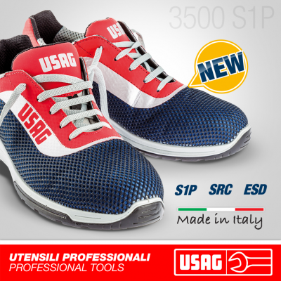 Sapatilhas de segurança USAG nas cores azul, vermelho e branco com detalhes em malha e solado antiderrapante