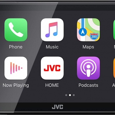 Ecrã tátil JVC para sistema de áudio automóvel com ícones de aplicações