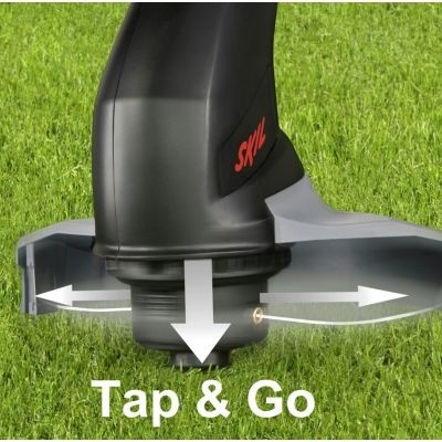 Cabeça de aparelho de jardinagem SKIL sobre relva com texto Tap & Go