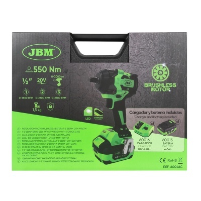 Caixa preta e verde de chave de impacto JBM com texto e imagem do produto