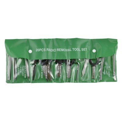 Conjunto de 20 ferramentas para remoção de rádios em estojo verde.