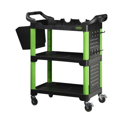 Carrinho de ferramentas preto e verde com quatro rodas e suportes laterais para ferramentas.