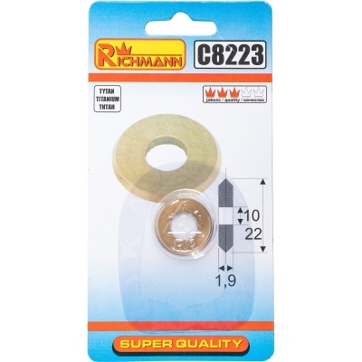 Lâmina circular metálica embalada para ferramenta com texto e medidas