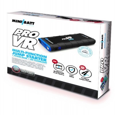 Caixa de MiniBatt PRO VR Multi-Function Jump Starter preto com azul, mostrando funcionalidades e ícones informativos.