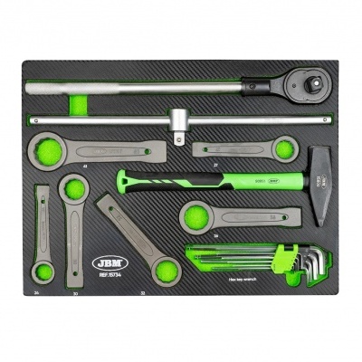 Conjunto de ferramentas JBM com peças em metal cinza e verde numa bandeja preta