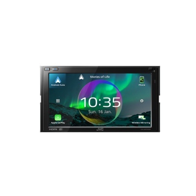 Ecrã tátil preto JVC para carro com interface digital e ícones de funções