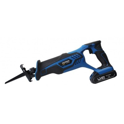 Serra tico-tico a bateria azul e preta com punho ergonómico e lâmina dentada