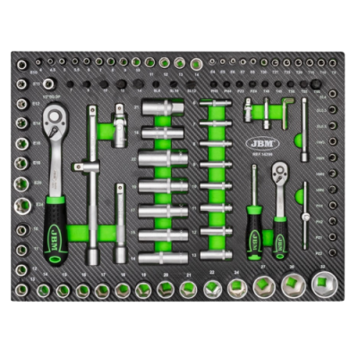 Conjunto de ferramentas JBM com chaves de soquete cromadas e punhos verdes em base preta