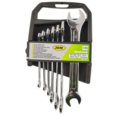 Conjunto de 7 chaves de bocas fixas em caixa preta com etiqueta verde e amarela