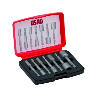 Conjunto de soquetes metálicos com estojo plástico preto e tampa vermelha com texto USAG