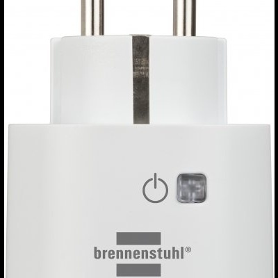 Tomada elétrica branca com dois pinos metálicos e botão de ligar/desligar