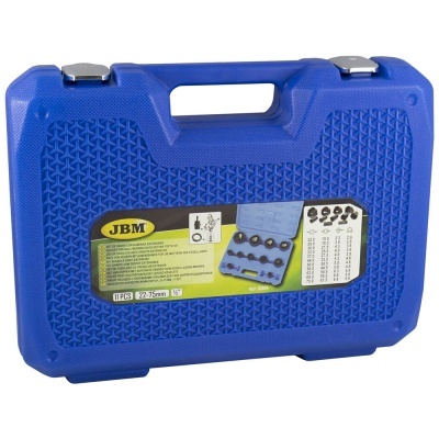 Mala portátil azul de plástico com etiqueta JBM e fechos metálicos