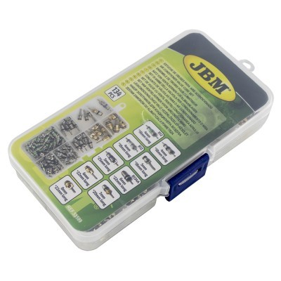 Caixa plástica transparente com acessórios metálicos e rótulo JBM