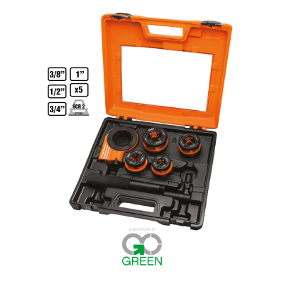 Conjunto de ferramentas para roscar tubos com 5 cabeças em aço numa mala preta com tampa laranja