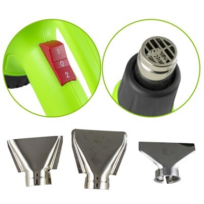 Soprador de ar quente verde com botões vermelhos e bocais metálicos